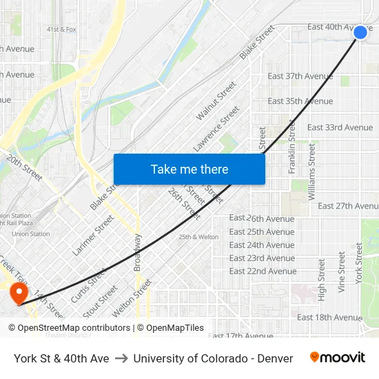 York St & 40th Ave to University of Colorado - Denver map
