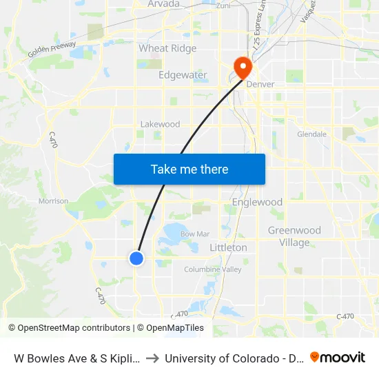 W Bowles Ave & S Kipling St to University of Colorado - Denver map