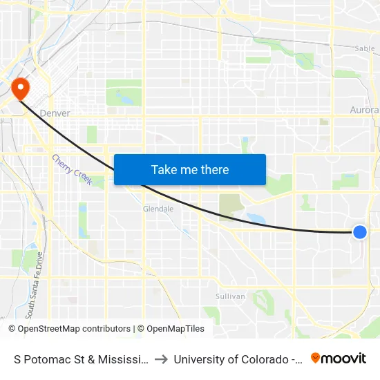 S Potomac St & Mississippi Ave to University of Colorado - Denver map