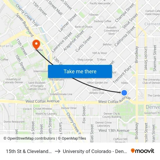 15th St & Cleveland Pl to University of Colorado - Denver map