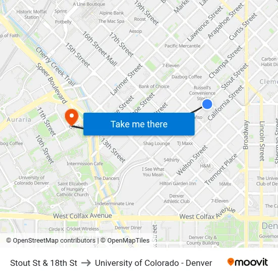 Stout St & 18th St to University of Colorado - Denver map