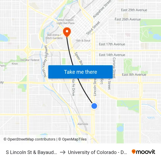 S Lincoln St & Bayaud Ave to University of Colorado - Denver map