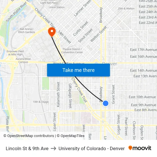 Lincoln St & 9th Ave to University of Colorado - Denver map