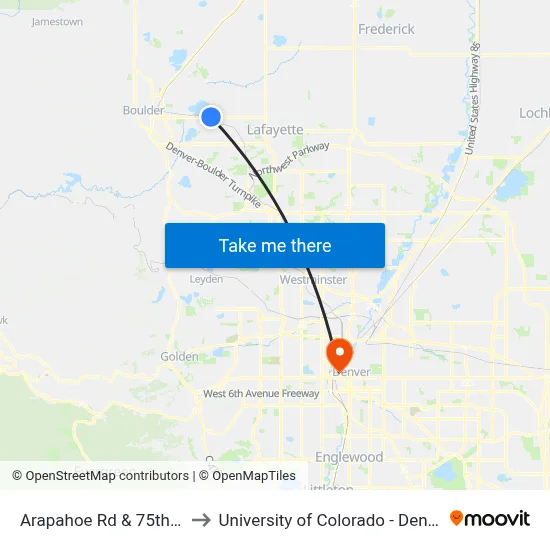 Arapahoe Rd & 75th St to University of Colorado - Denver map