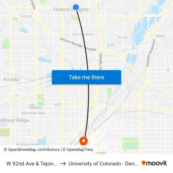 W 92nd Ave & Tejon St to University of Colorado - Denver map
