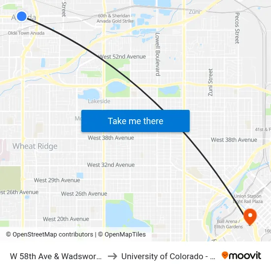 W 58th Ave & Wadsworth Blvd to University of Colorado - Denver map