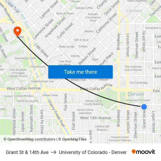 Grant St & 14th Ave to University of Colorado - Denver map