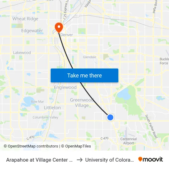 Arapahoe at Village Center Station Gate A to University of Colorado - Denver map