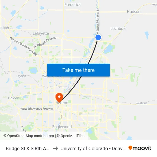 Bridge St & S 8th Ave to University of Colorado - Denver map