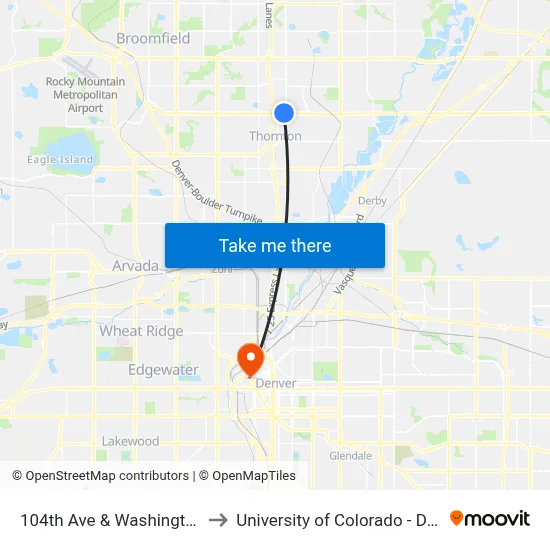 104th Ave & Washington St to University of Colorado - Denver map