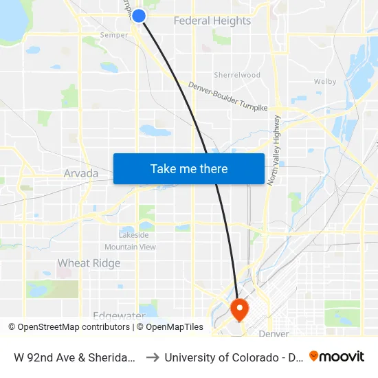 W 92nd Ave & Sheridan Blvd to University of Colorado - Denver map