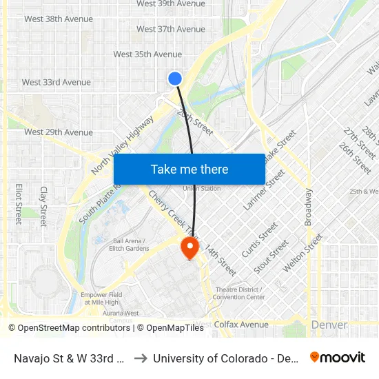 Navajo St & W 33rd Ave to University of Colorado - Denver map