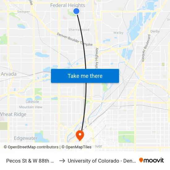 Pecos St & W 88th Ave to University of Colorado - Denver map