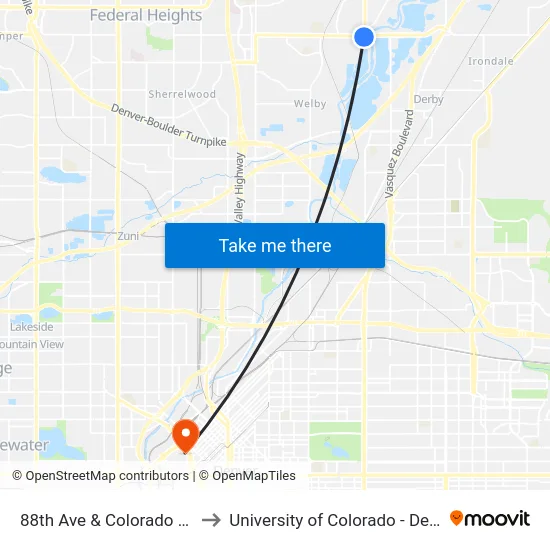 88th Ave & Colorado Blvd to University of Colorado - Denver map