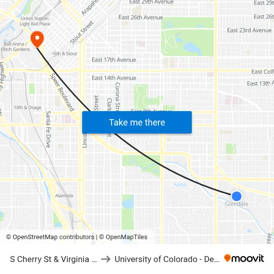 S Cherry St & Virginia Ave to University of Colorado - Denver map