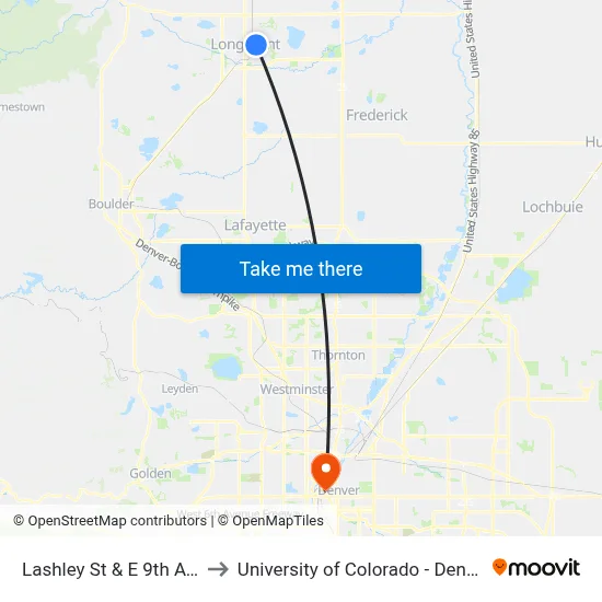 Lashley St & E 9th Ave to University of Colorado - Denver map