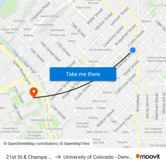 21st St & Champa St to University of Colorado - Denver map