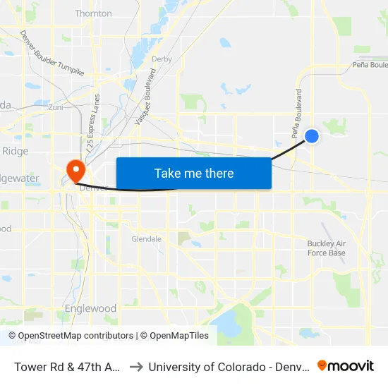 Tower Rd & 47th Ave to University of Colorado - Denver map