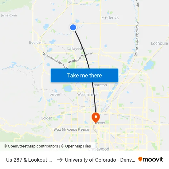 Us 287 & Lookout Rd to University of Colorado - Denver map
