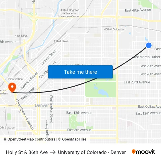 Holly St & 36th Ave to University of Colorado - Denver map