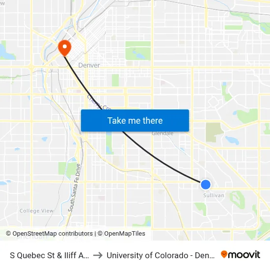 S Quebec St & Iliff Ave to University of Colorado - Denver map