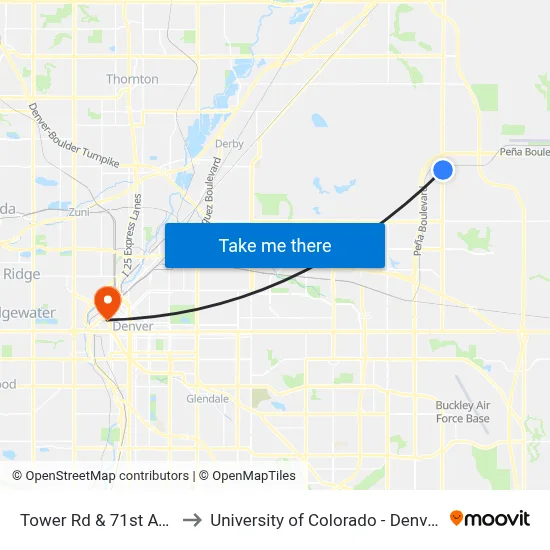 Tower Rd & 71st Ave to University of Colorado - Denver map