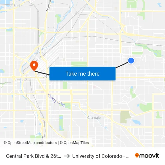 Central Park Blvd & 26th Ave to University of Colorado - Denver map