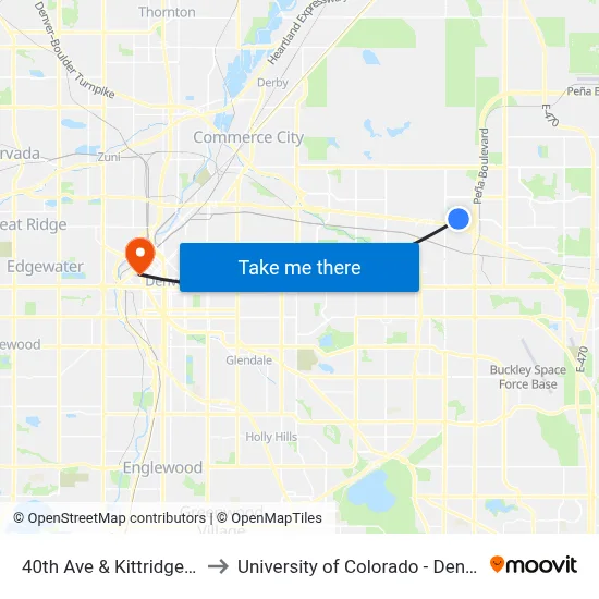 40th Ave & Kittridge St to University of Colorado - Denver map