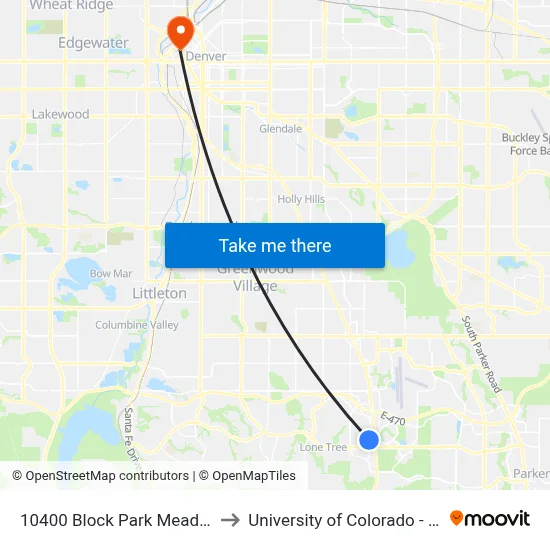 10400 Block Park Meadows Dr to University of Colorado - Denver map