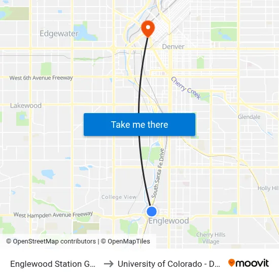 Englewood Station Gate B to University of Colorado - Denver map