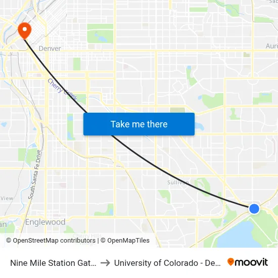 Nine Mile Station Gate B to University of Colorado - Denver map