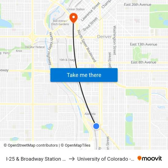 I-25 & Broadway Station Gate E2 to University of Colorado - Denver map