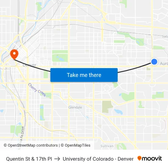 Quentin St & 17th Pl to University of Colorado - Denver map