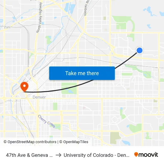 47th Ave & Geneva St to University of Colorado - Denver map