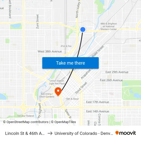 Lincoln St & 46th Ave to University of Colorado - Denver map