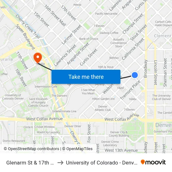 Glenarm St & 17th St to University of Colorado - Denver map