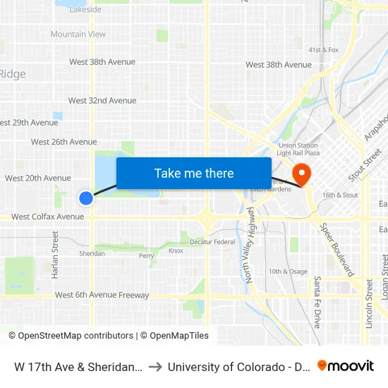 W 17th Ave & Sheridan Blvd to University of Colorado - Denver map