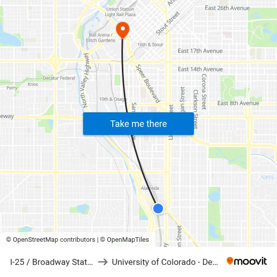 I-25 / Broadway Station to University of Colorado - Denver map