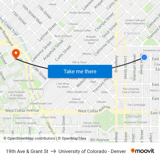 19th Ave & Grant St to University of Colorado - Denver map