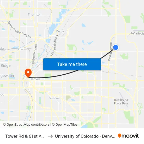 Tower Rd & 61st Ave to University of Colorado - Denver map