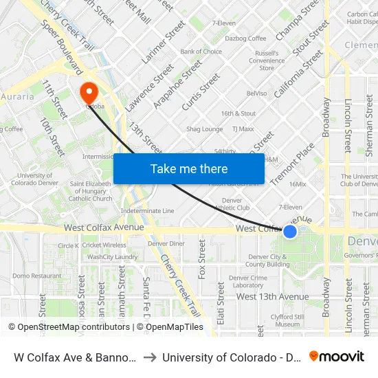 W Colfax Ave & Bannock St to University of Colorado - Denver map