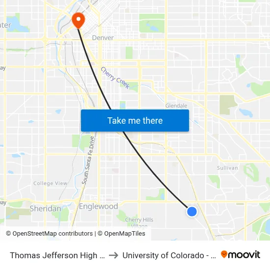 Thomas Jefferson High School to University of Colorado - Denver map