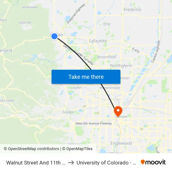 Walnut Street And 11th Street to University of Colorado - Denver map