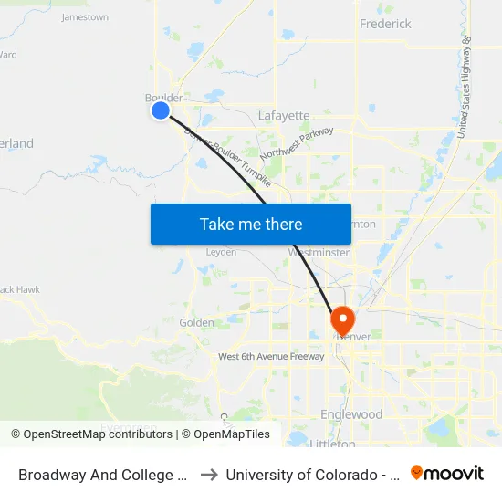 Broadway And College Avenue to University of Colorado - Denver map