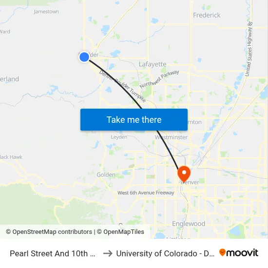 Pearl Street And 10th Street to University of Colorado - Denver map