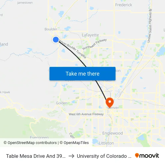 Table Mesa Drive And 39th Street to University of Colorado - Denver map