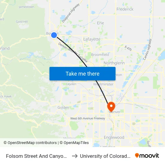 Folsom Street And Canyon Boulevard to University of Colorado - Denver map