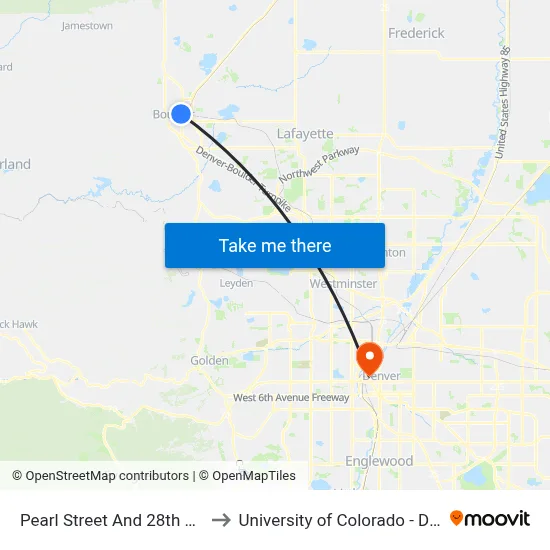 Pearl Street And 28th Street to University of Colorado - Denver map