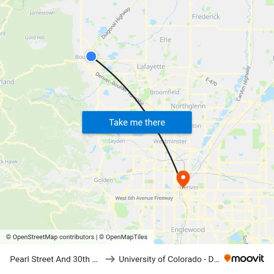 Pearl Street And 30th Street to University of Colorado - Denver map