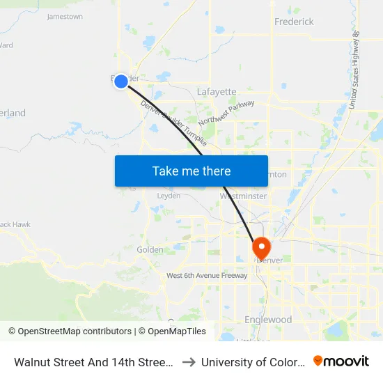 Walnut Street And 14th Street (Boulder Station) to University of Colorado - Denver map